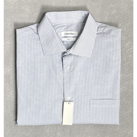 Calvin Klein Men's Large 16-16.5 34/35 Dress Shirt Regular Fit Blue Check NEW - Picture 1 of 13